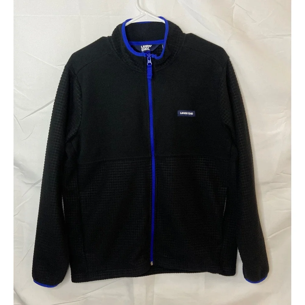 Lands End Black Fleece Jacket Mens Size Medium Zip Up Blue‎ Trim Textured